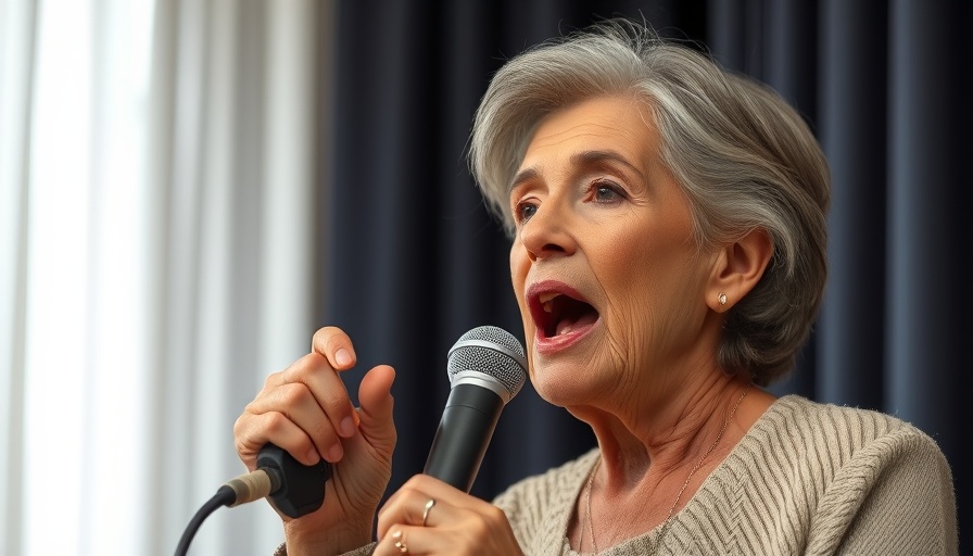 Older woman speaking into a microphone indoors, Vibration Raising event.