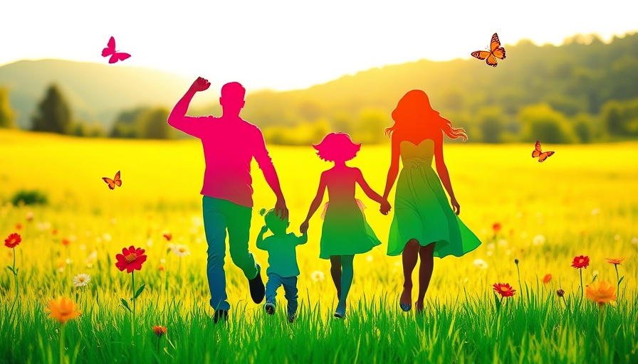 Joyful family in a colorful paper-cut landscape with butterflies.