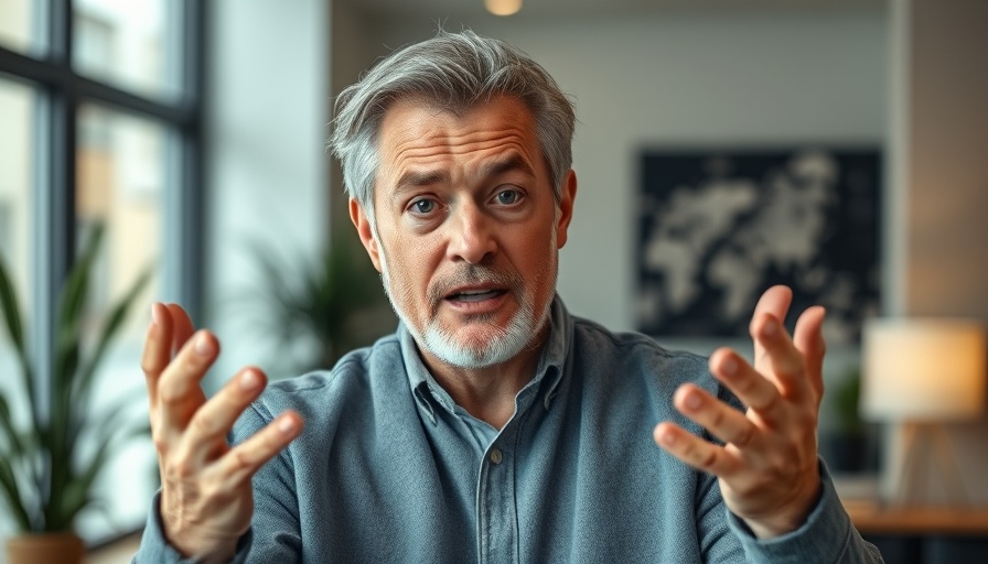 Mature man gesturing energetically, discussing detachment and personal growth.