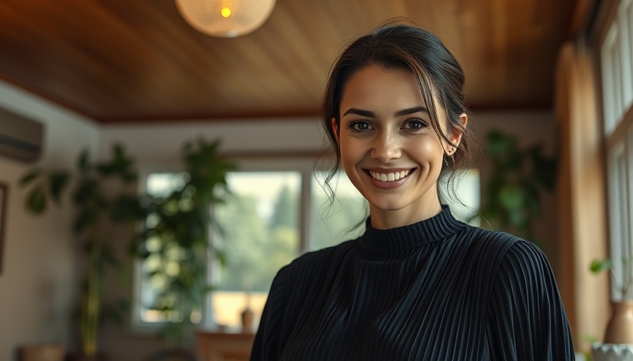 Smiling woman in black pleated outfit in cozy, warm-lit setting.
