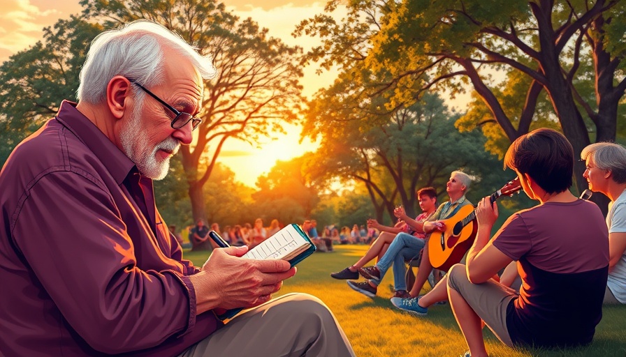 Elderly man writing in a park with guitar player and audience.
