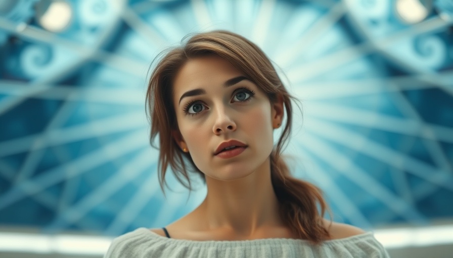 Thoughtful woman questioning reality with geometric background.