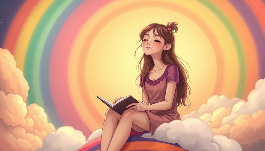 Young woman engaging in transformational personal growth through self-reflection on a rainbow.