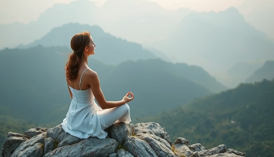 Graceful woman meditating on a mountain for energetic mastery.