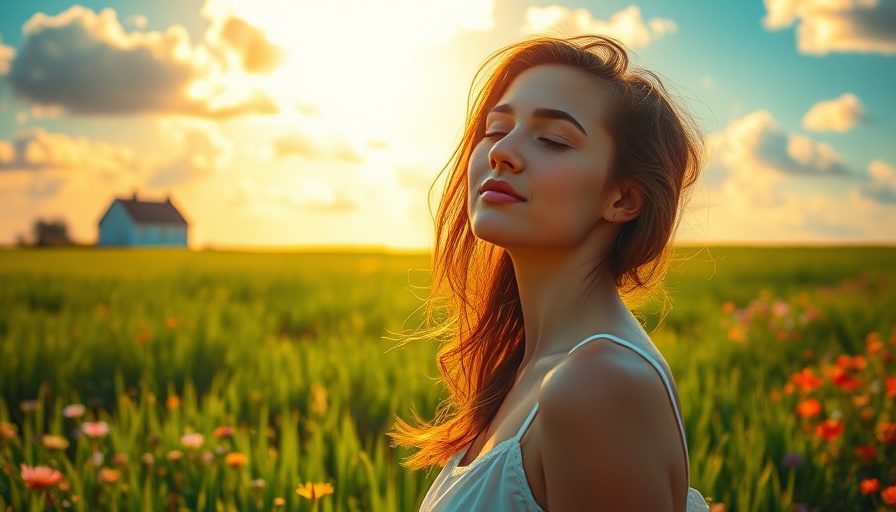 A serene young woman on a transformative healing journey in a sunlit field.