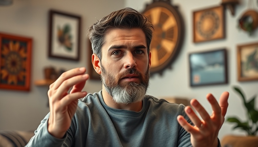 Casual bearded man discussing, cozy interior setting.