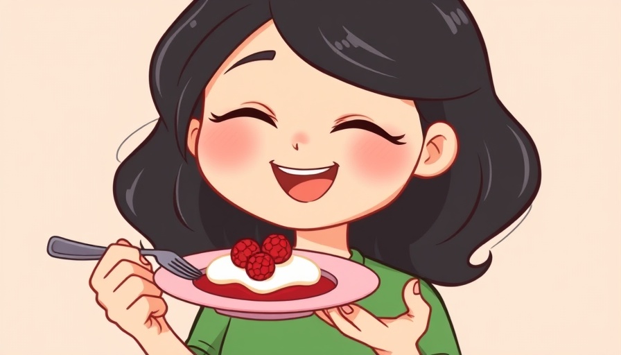 Illustration of a woman enjoying food with a smile, promoting feeling good in your skin.