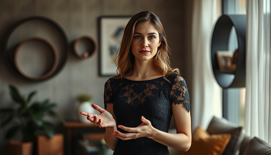 Woman gesturing in elegant black dress discussing Human Design Manifestors.