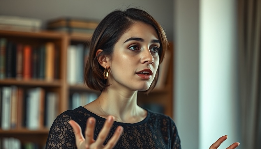 Young woman speaking indoors, Human Design theme.