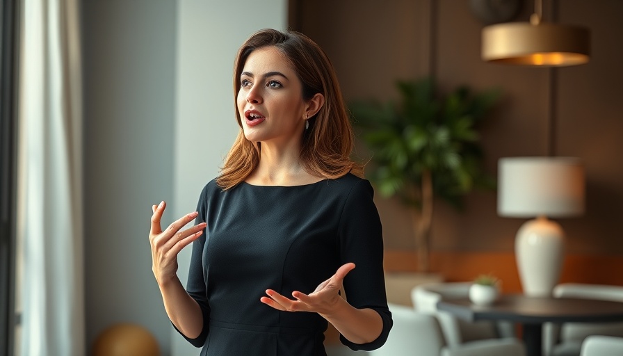 Radiance Starts With You: Confident woman in black dress speaking passionately.