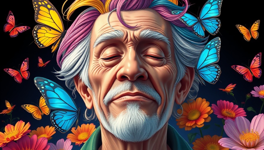 Older man free from the trap of resentment, serene among butterflies.