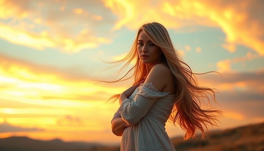 Peaceful woman embracing self under colorful sunrise, how to treat yourself with love.