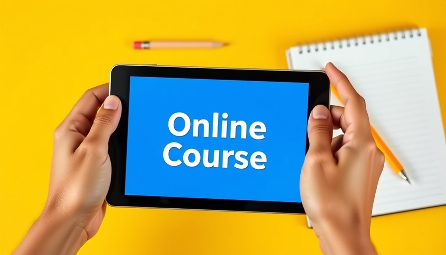 Tablet showing 'Online Course' in a vibrant educational setting.