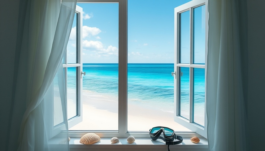 Open window with view of tropical ocean, call to compassion.