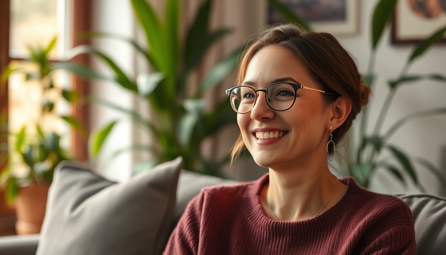 Woman smiling with plants in background, relaxed ambiance.