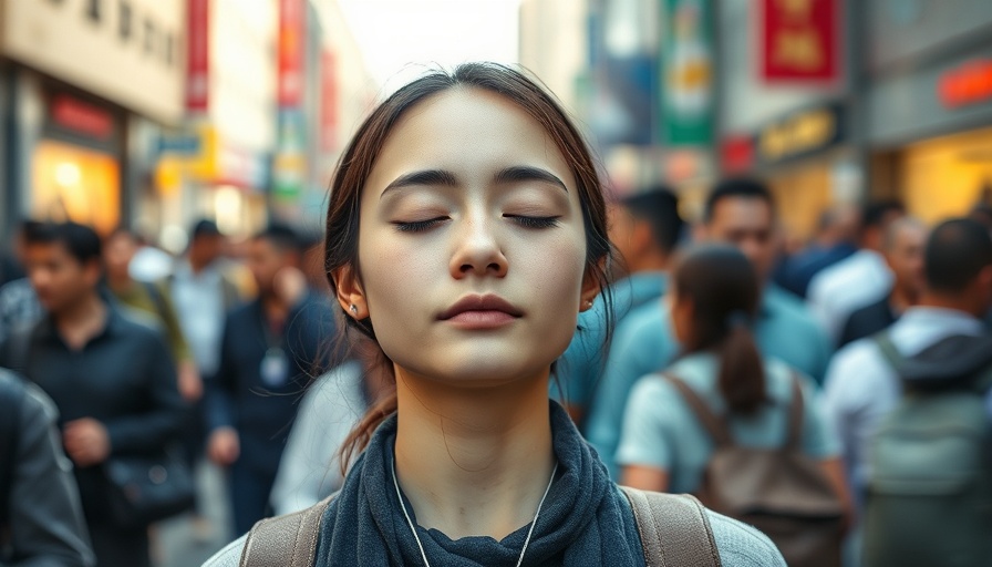 Serene young woman practicing energy healing in a busy environment.