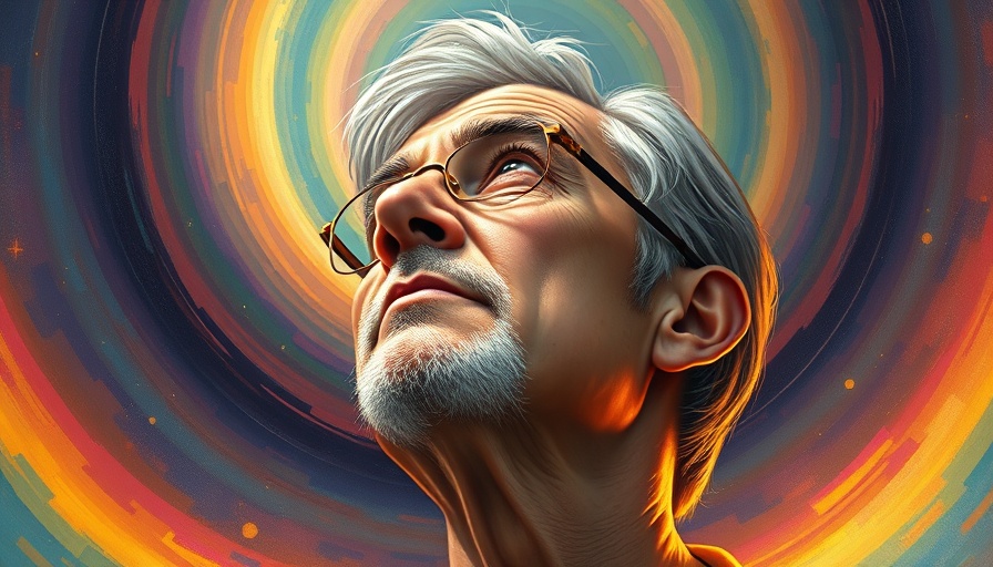 Vibrant portrait of middle-aged person with a rainbow aura, reflecting the journey of coming out at 50.