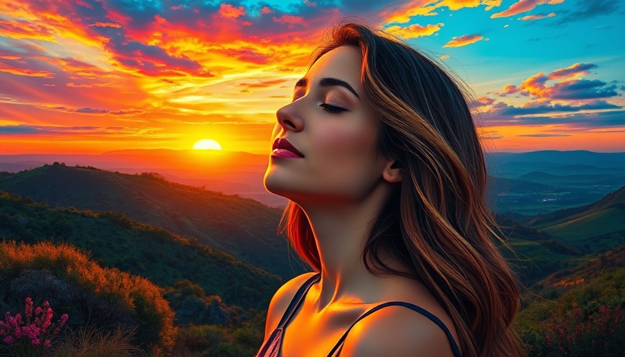 Woman finding joy after loss, embracing nature under a vivid sunset.