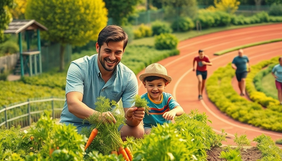 Father and son gardening with runners in background, Rediscovering What Truly Matters in Success.