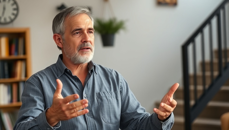 Middle-aged man discussing inner reality shift indoors.