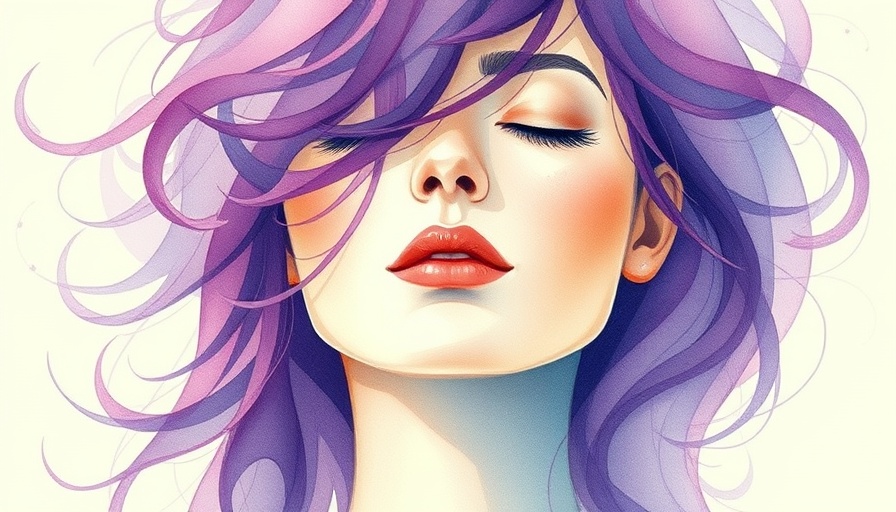 Watercolor portrait of a woman with purple hair.