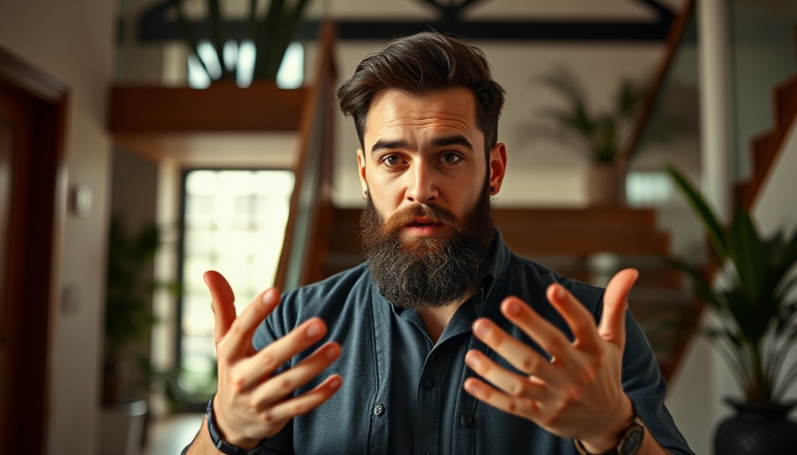 Man discussing inner reality shift with focused expression, indoors.