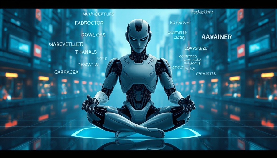 Futuristic robot meditating with holographic affirmations.