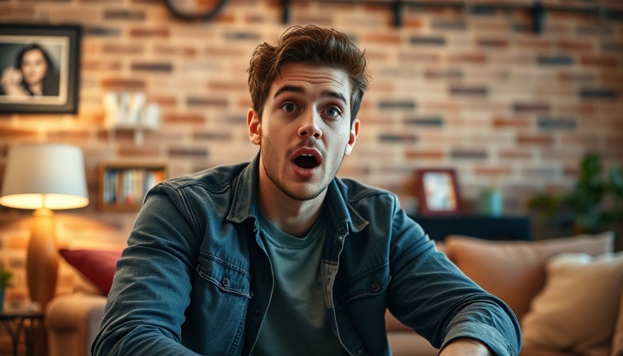 Man in casual setting gesturing surprise, highlighting quantum shifts.