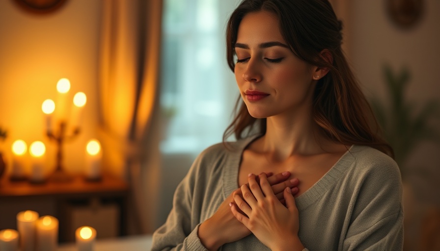 Woman meditating with hands on heart in a candlelit space.