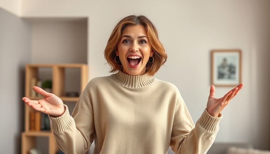 Excited woman in beige sweater discussing Human Design.