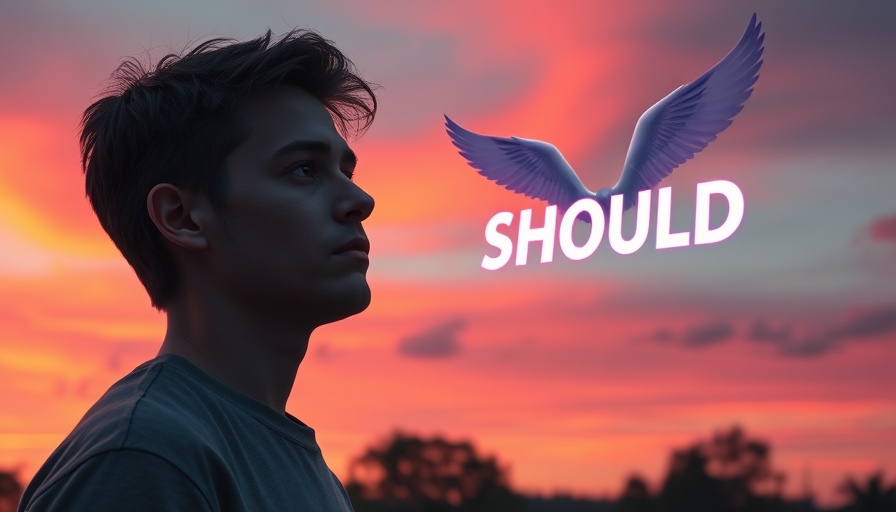 Illustration of a man contemplating 'SHOULD' with wings, at sunset.