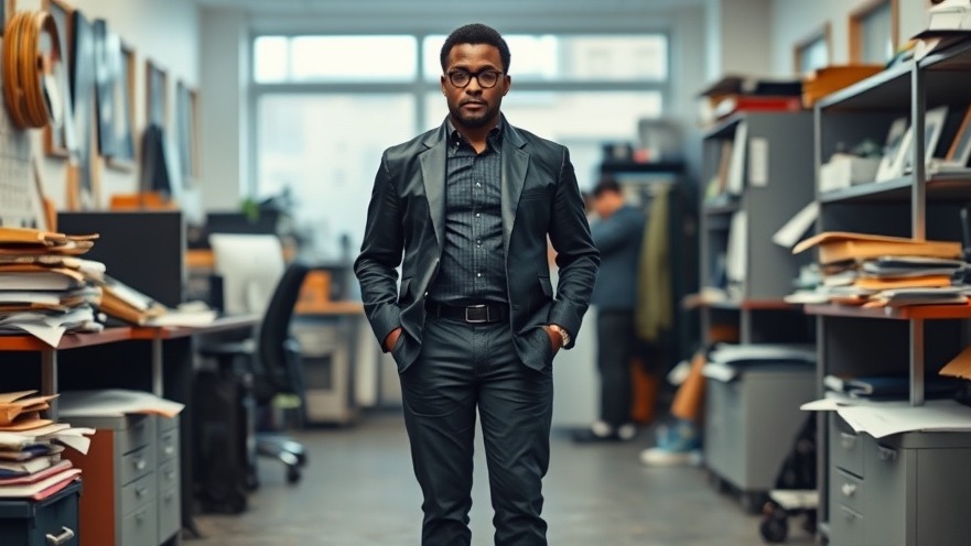 A black person in glasses stands in a messy office, embodying innovative thinking on their personal growth journey.