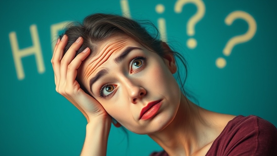 Curious woman contemplating energy healing and timeline shifts on a teal background.