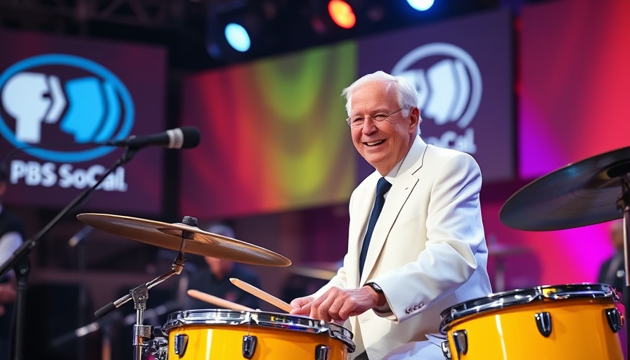 John Tu success story: elderly man in white suit playing drums at a PBS event.