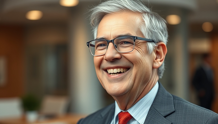 Older man with gray hair and glasses smiling warmly in an office setting