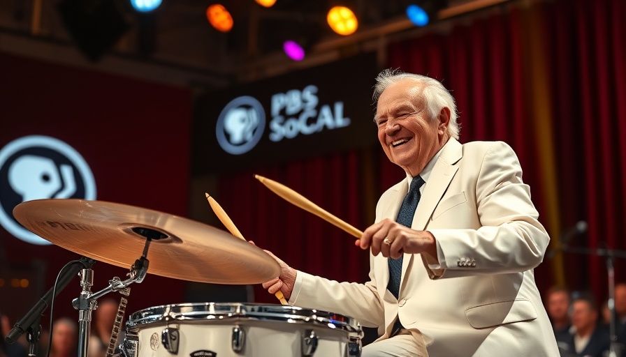 John Tu at a lively event playing drums with PBS SoCal background.