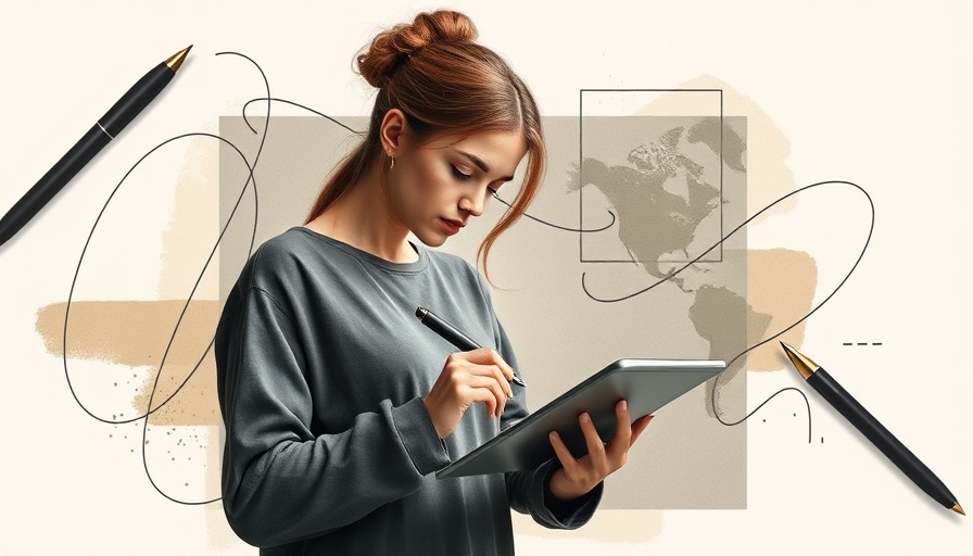 Artistic collage depicting a woman with a tablet illustrating journey map.