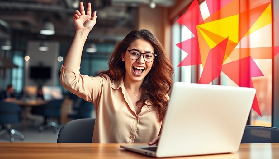 Excited woman celebrating with laptop in vibrant office collage.