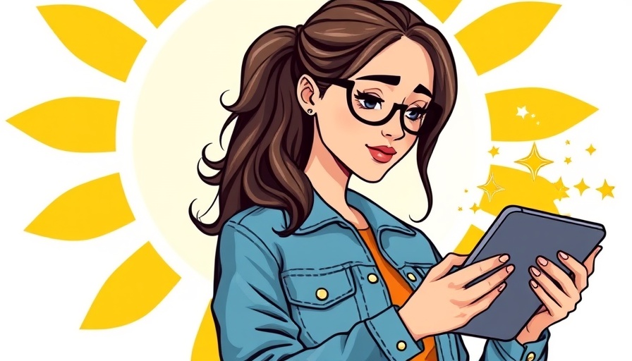 Focused woman using tablet with marketing clarity concept background.
