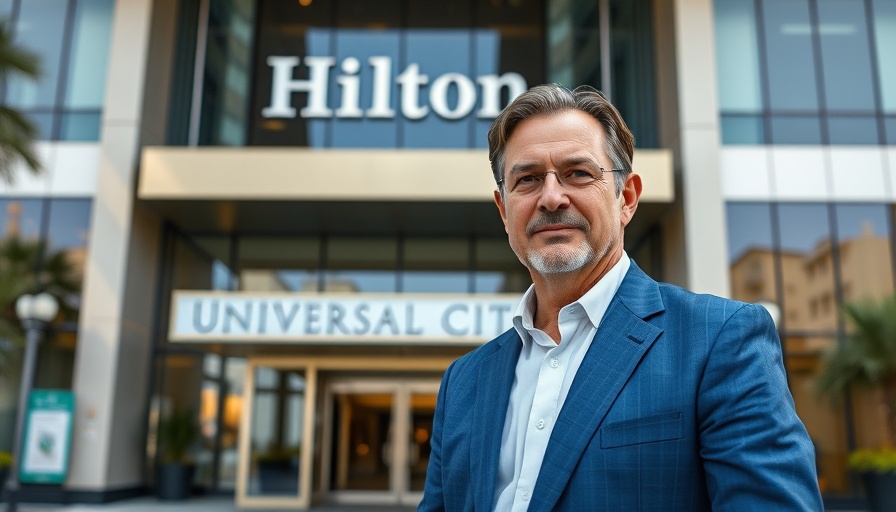 Man at Hilton Universal City amid Los Angeles wage hike controversy.