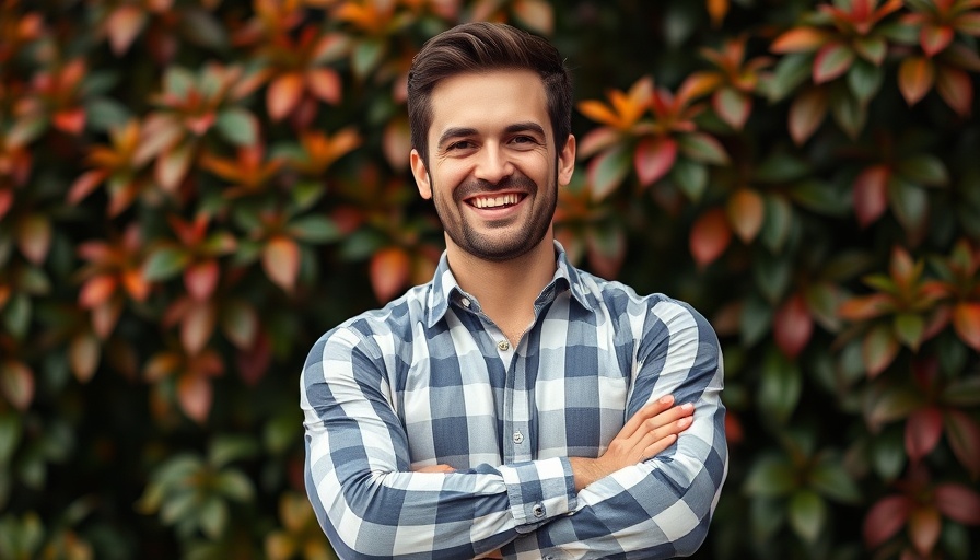 Confident leader in private equity smiling against leafy backdrop.