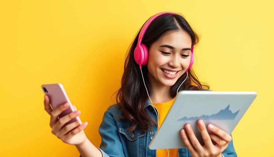 Young woman using phone while tablet displays analytics, best CRMs for fitness businesses.