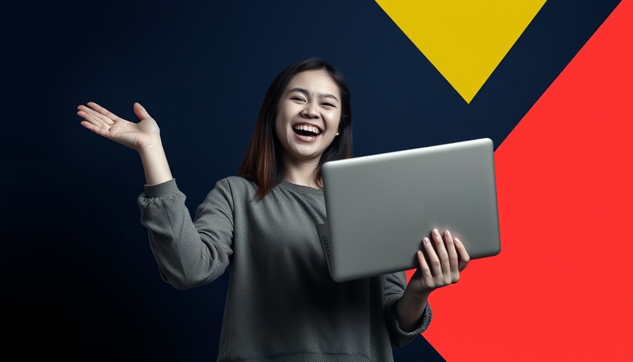 Young woman celebrating successful email design with dynamic graphics.