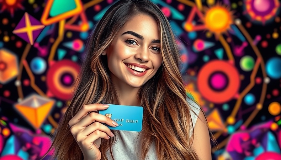 Smiling young woman holding a credit card with geometric background.
