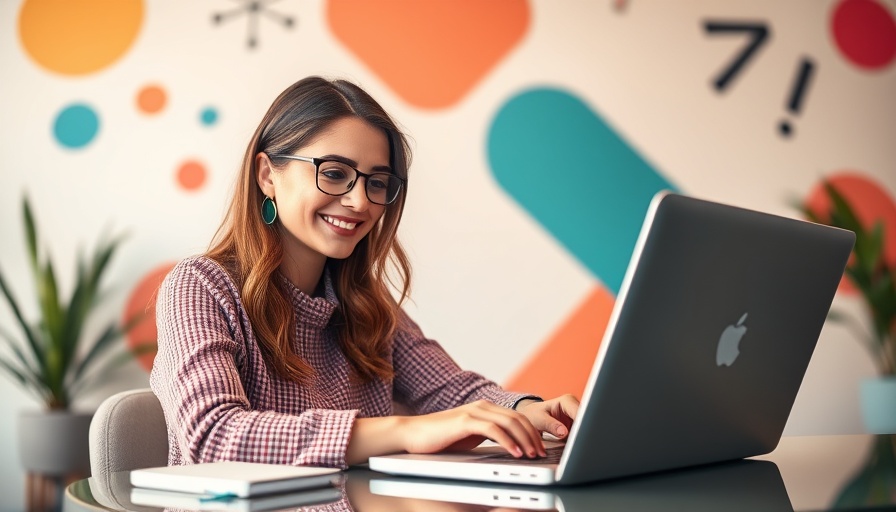 Benefits of blogging for small business - woman typing on laptop with colorful graphic elements.