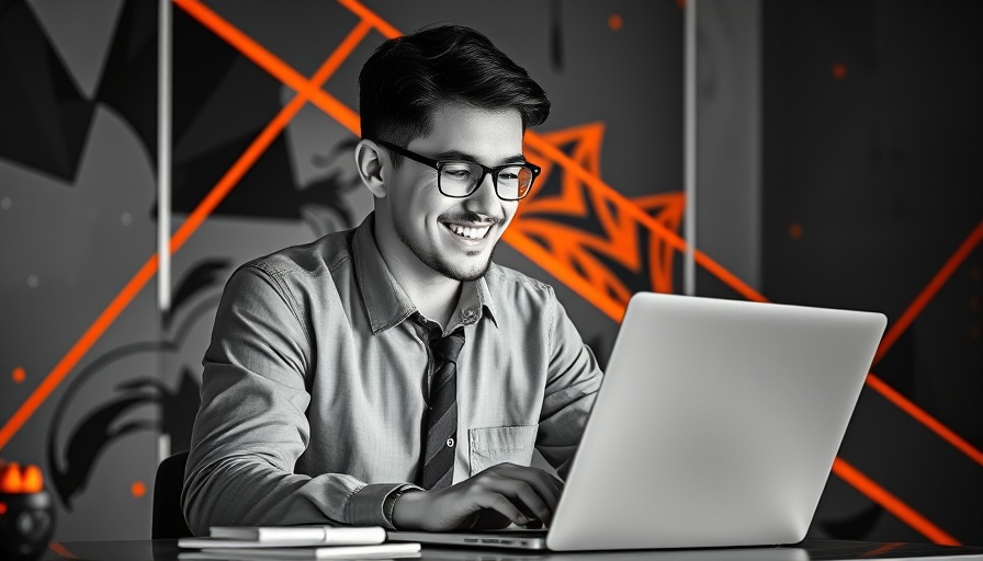 Young man redesigns website for small businesses, abstract background.