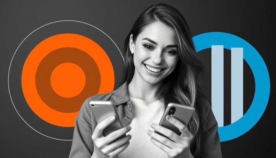 Confident woman using phone with abstract shapes symbolizing marketing strategies.