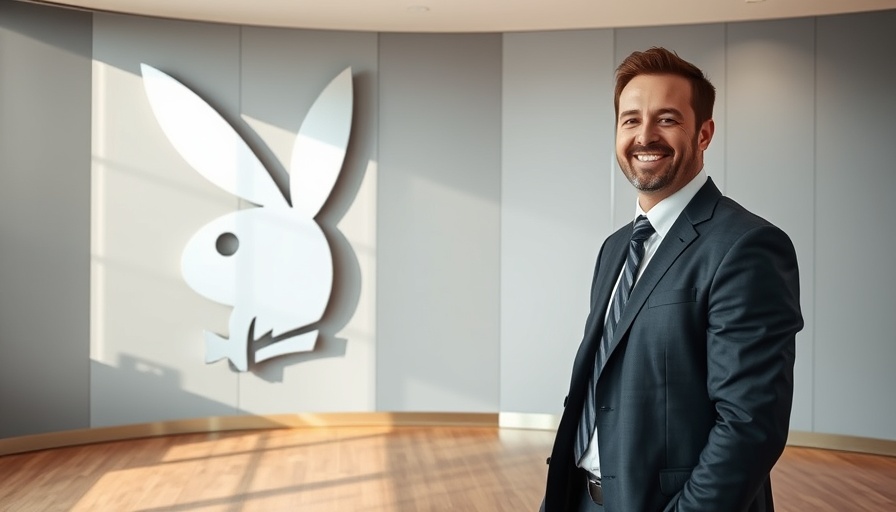Businessman beside Playboy logo at headquarters relocation site.