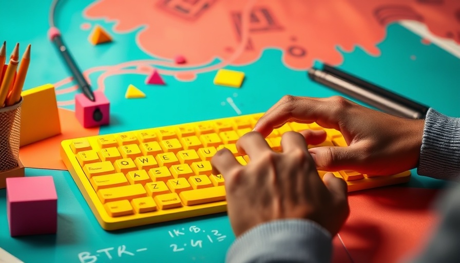 Creative workspace with hands on yellow keyboard for brand voice.
