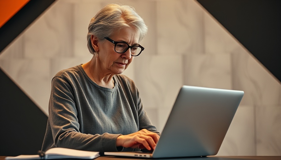 Older woman planning on laptop in modern abstract setting.